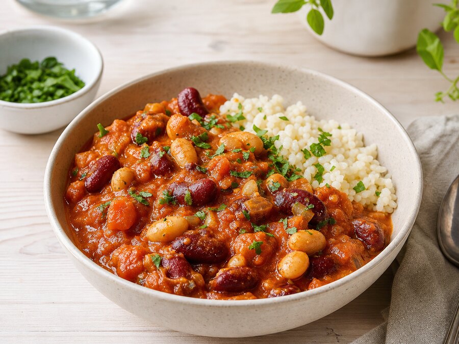 Bönmasala i tomatsås med bulgur i en ljus skål