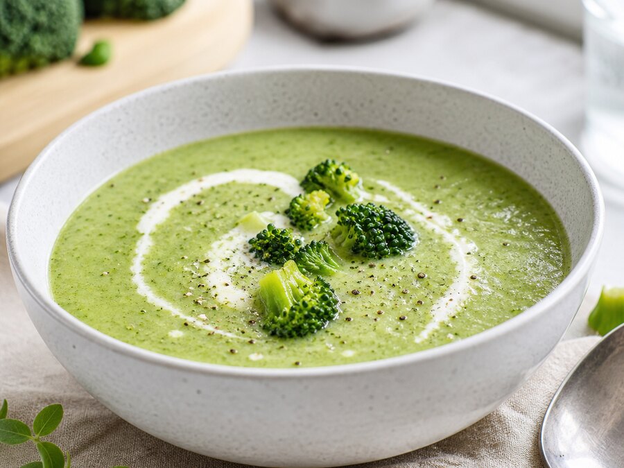 Grön broccolisoppa i vit skål med broccoli och grädde