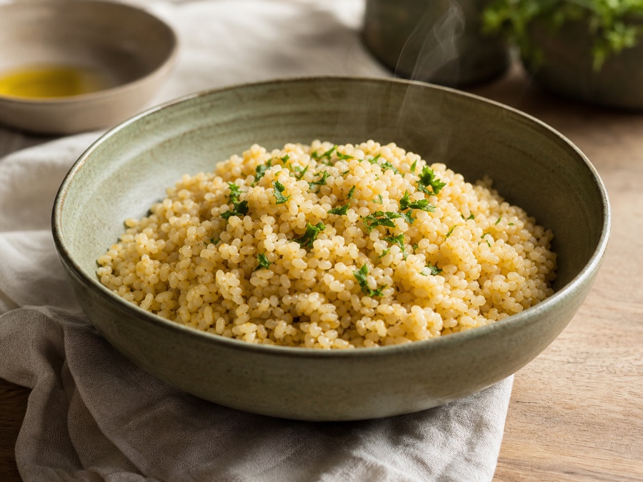 Kokt bulgur med färska örter i grön keramikskål på ljust trä