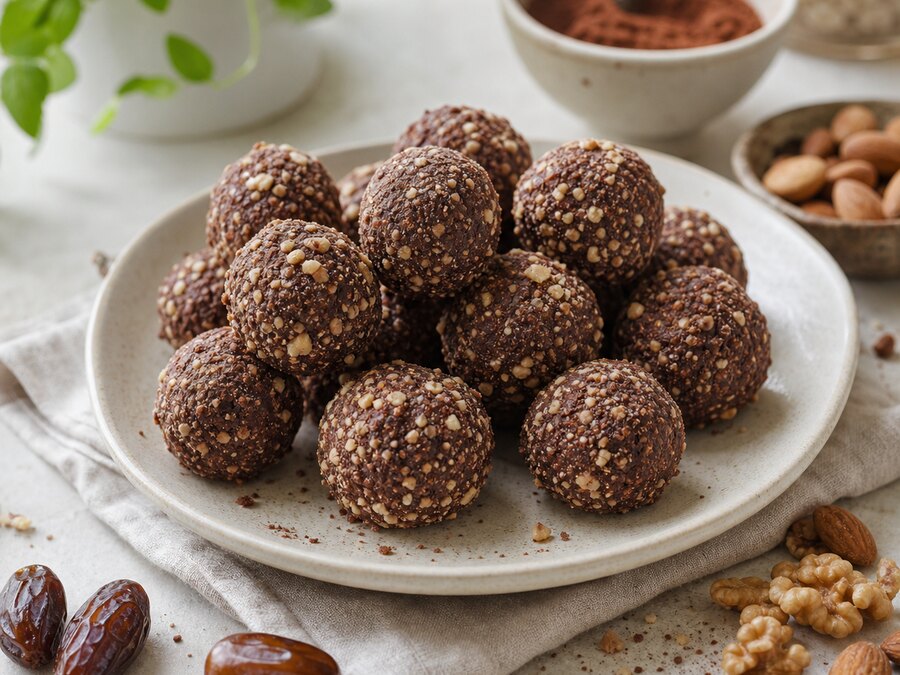 Chokladbollar rullade i hackade nötter på en ljus tallrik