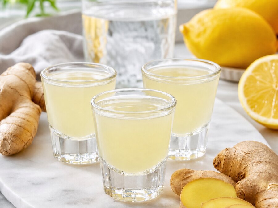 Små glas med gul ingefärashot, citron och färsk ingefära