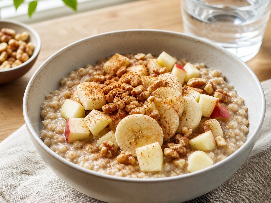 Gröt med banan, äpple, kanel och nötter samt ett glas vatten