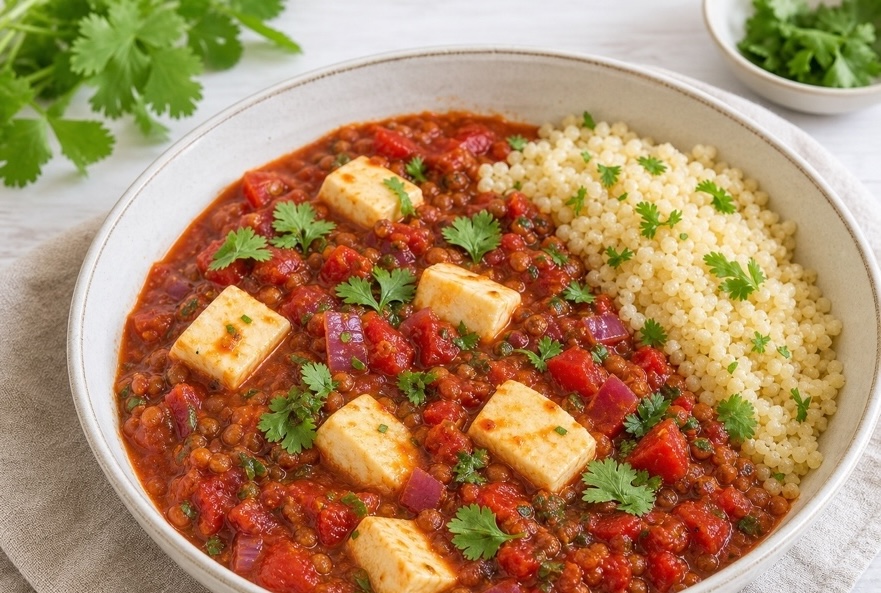 Halloumigryta med mjuka halloumibitar, tomat, linser och bulgur
