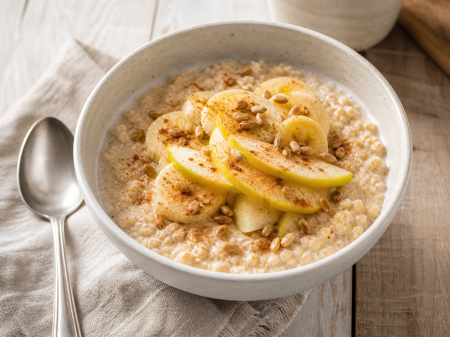 Havregrynsgröt med äpple, banan, kanel och rostade frön.