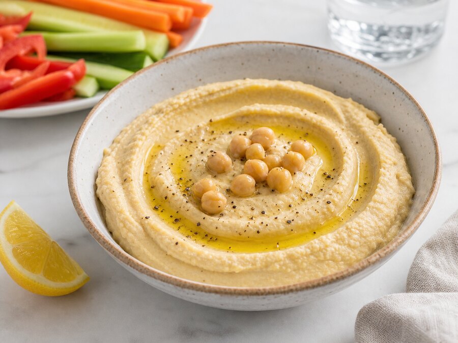 Hummus med olivolja, kikärtor och grönsaksstavar