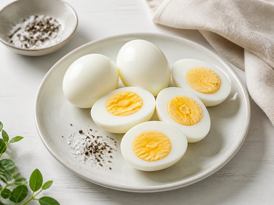 Kokta ägg på en ljus tallrik med salt och peppar