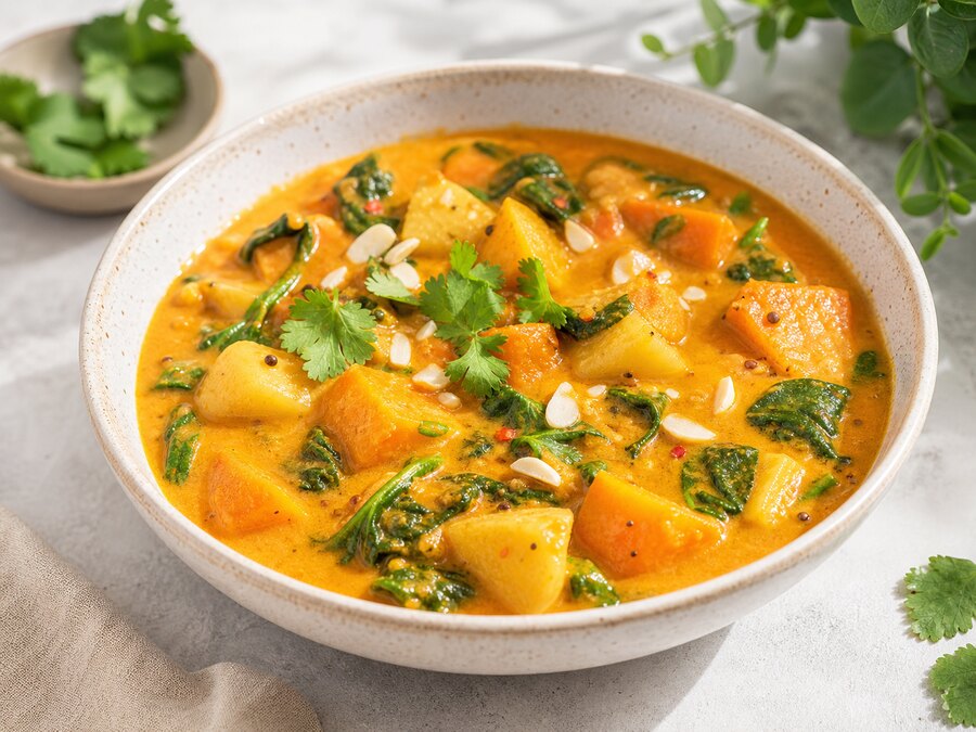 Korma med potatis, pumpa och spenat i en ljus skål