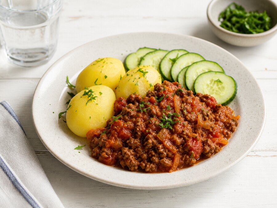 Köttfärsås med kokt potatis och gurka på en ljus tallrik