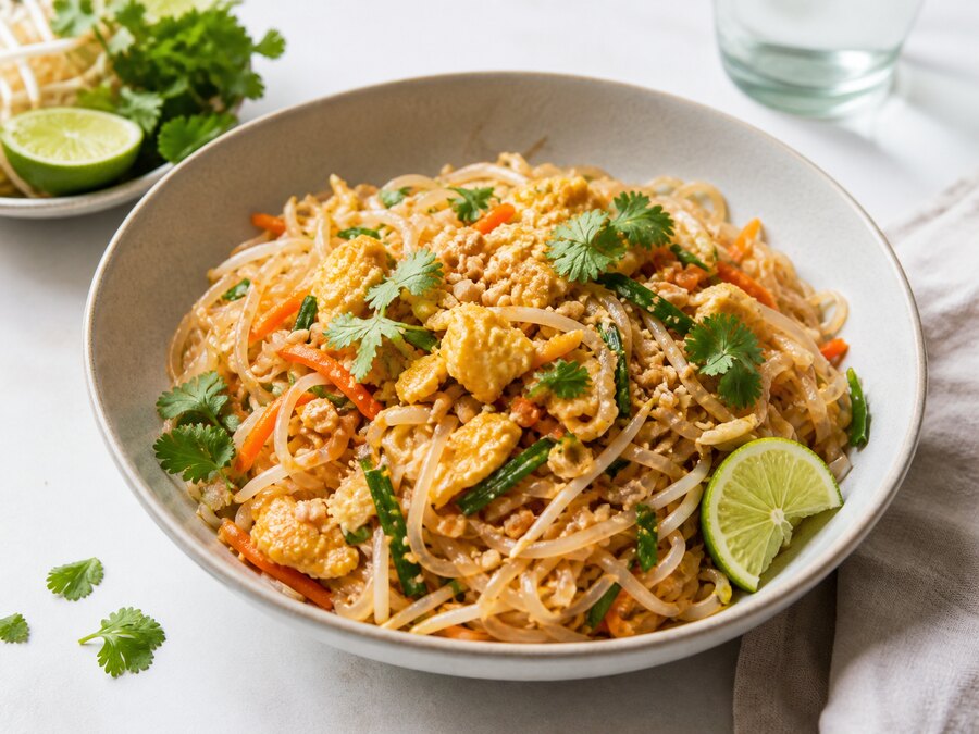 Pad thai med risnudlar, ägg, grönsaker, lime och örter