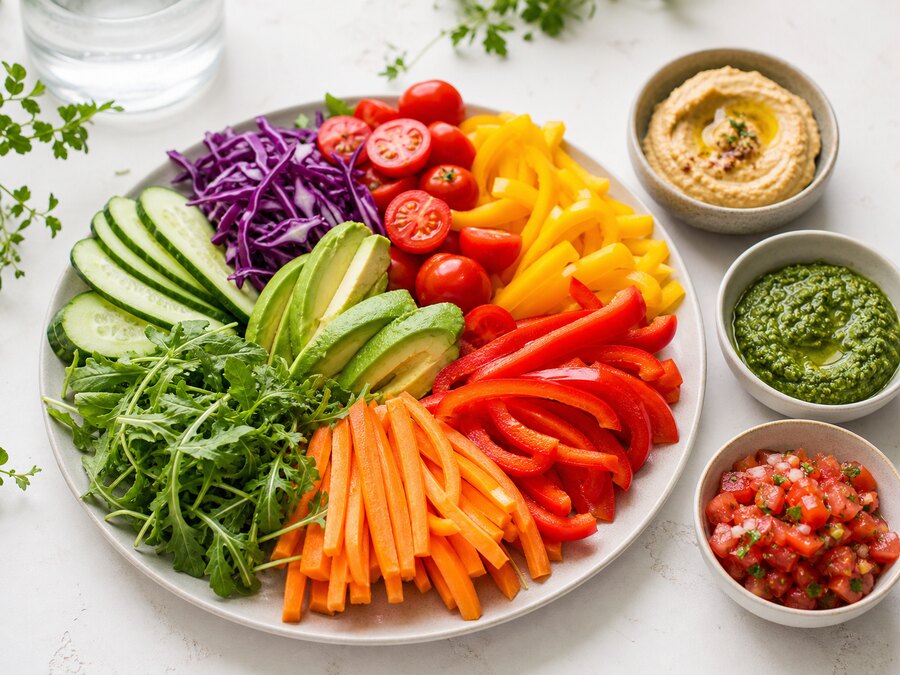 Färgstark grönsakstallrik med hummus, grön röra och tomatsalsa
