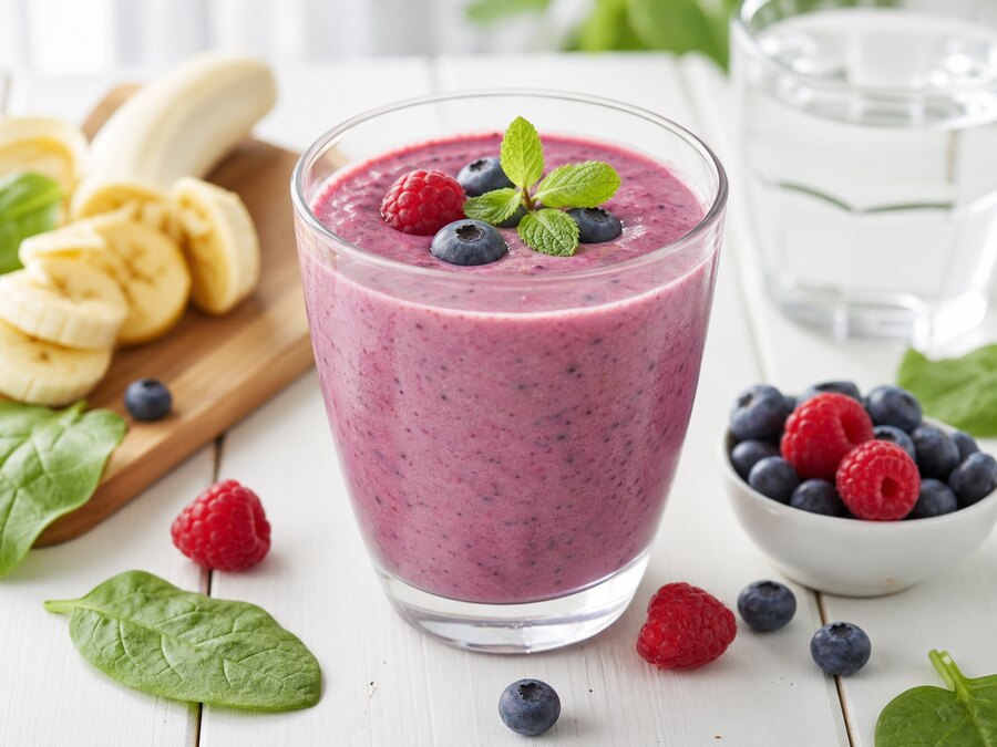 Bärsmoothie med banan, bär och gröna blad i glas