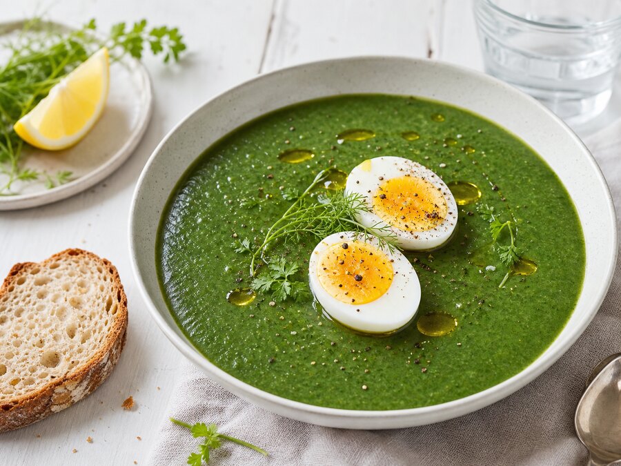 Grön spenatsoppa med kokt ägg, citron och örter