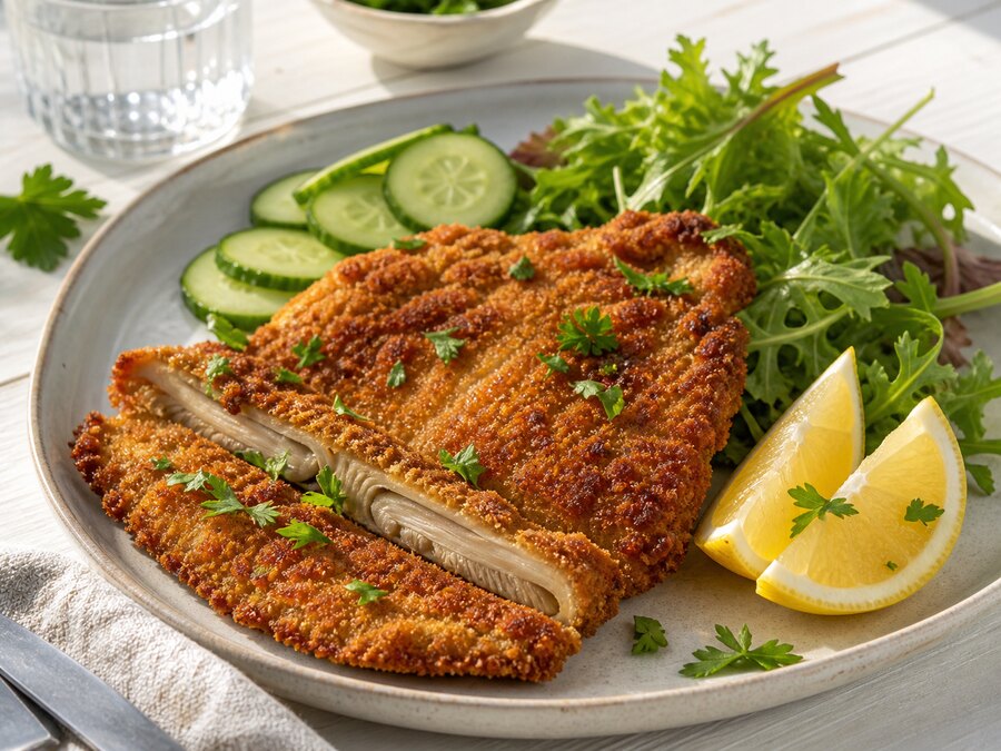 Panerad stolt fjällskivling med citron, gurka och gröna blad