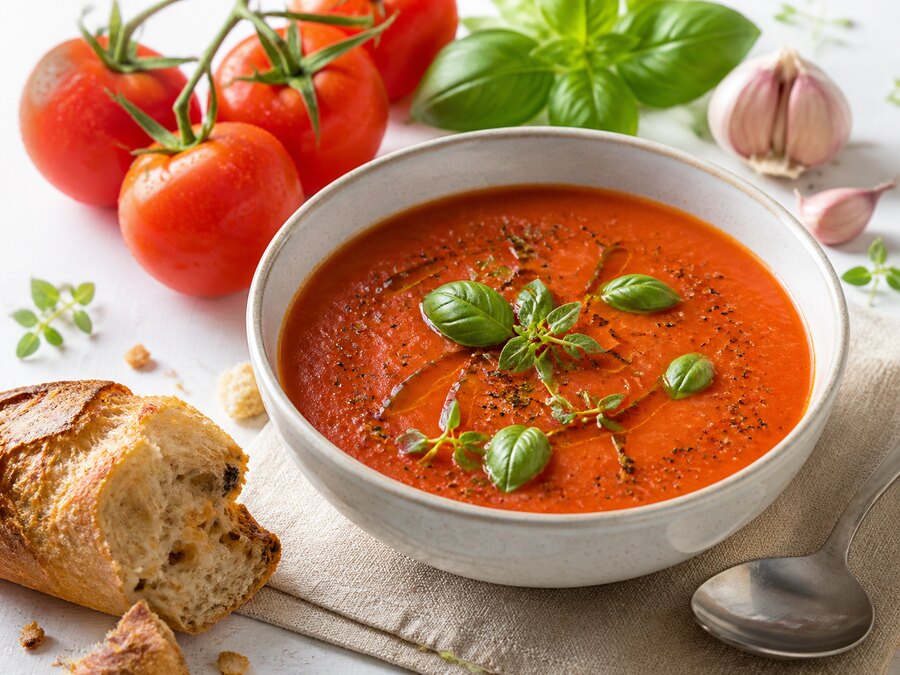 Tomatsoppa med basilika, oregano, svartpeppar och olivolja