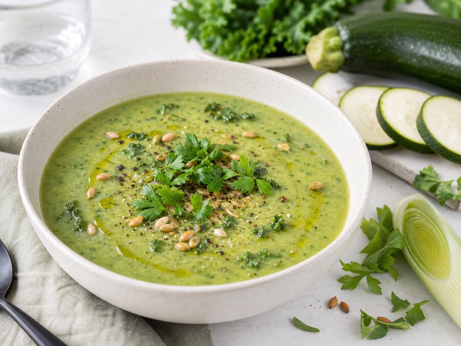 Grön zucchini-kokossoppa med frön, örter och svartpeppar